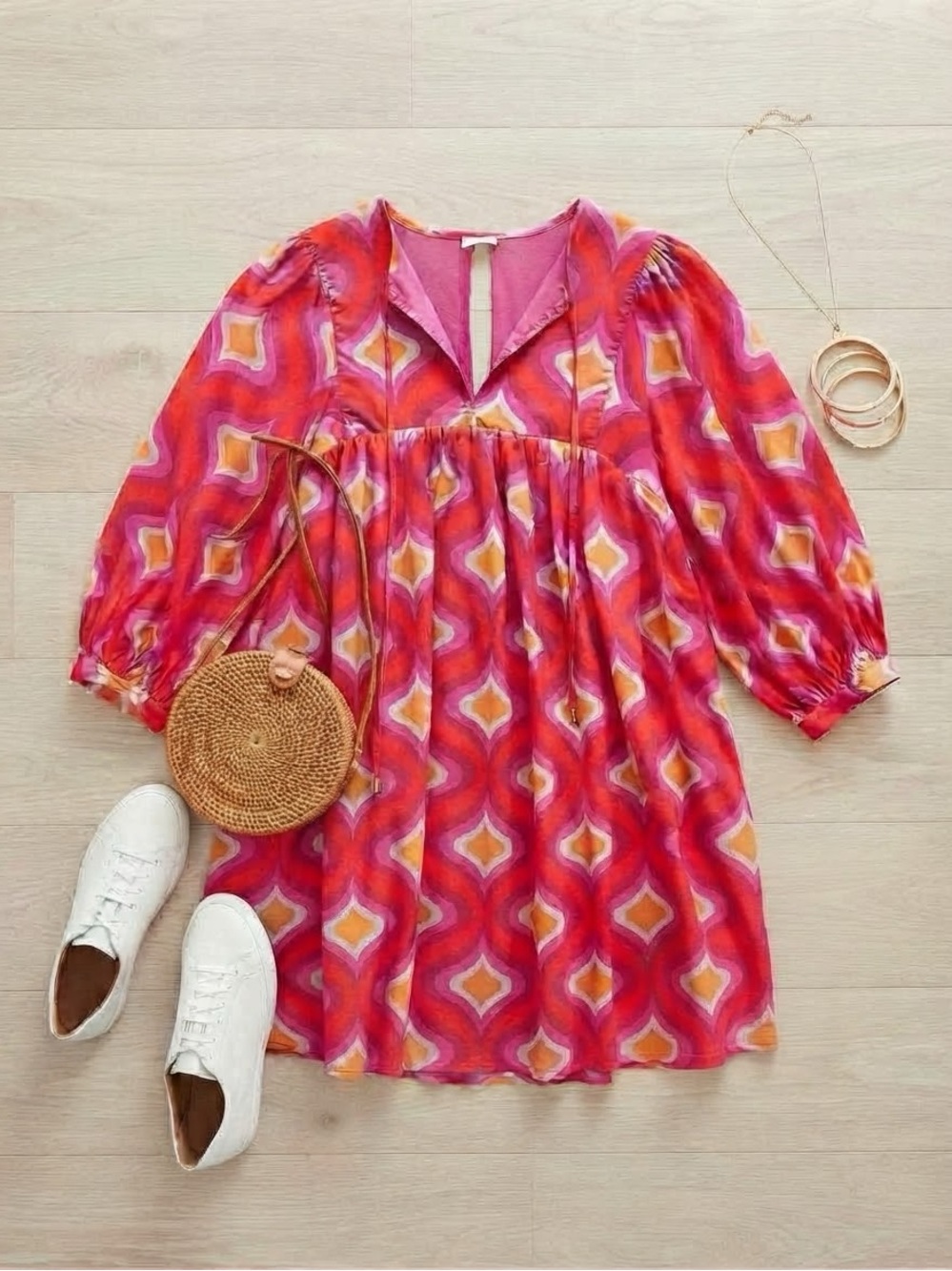 J. Marie Vibrant Pink & Orange Mod Geo-Print Swing Dress